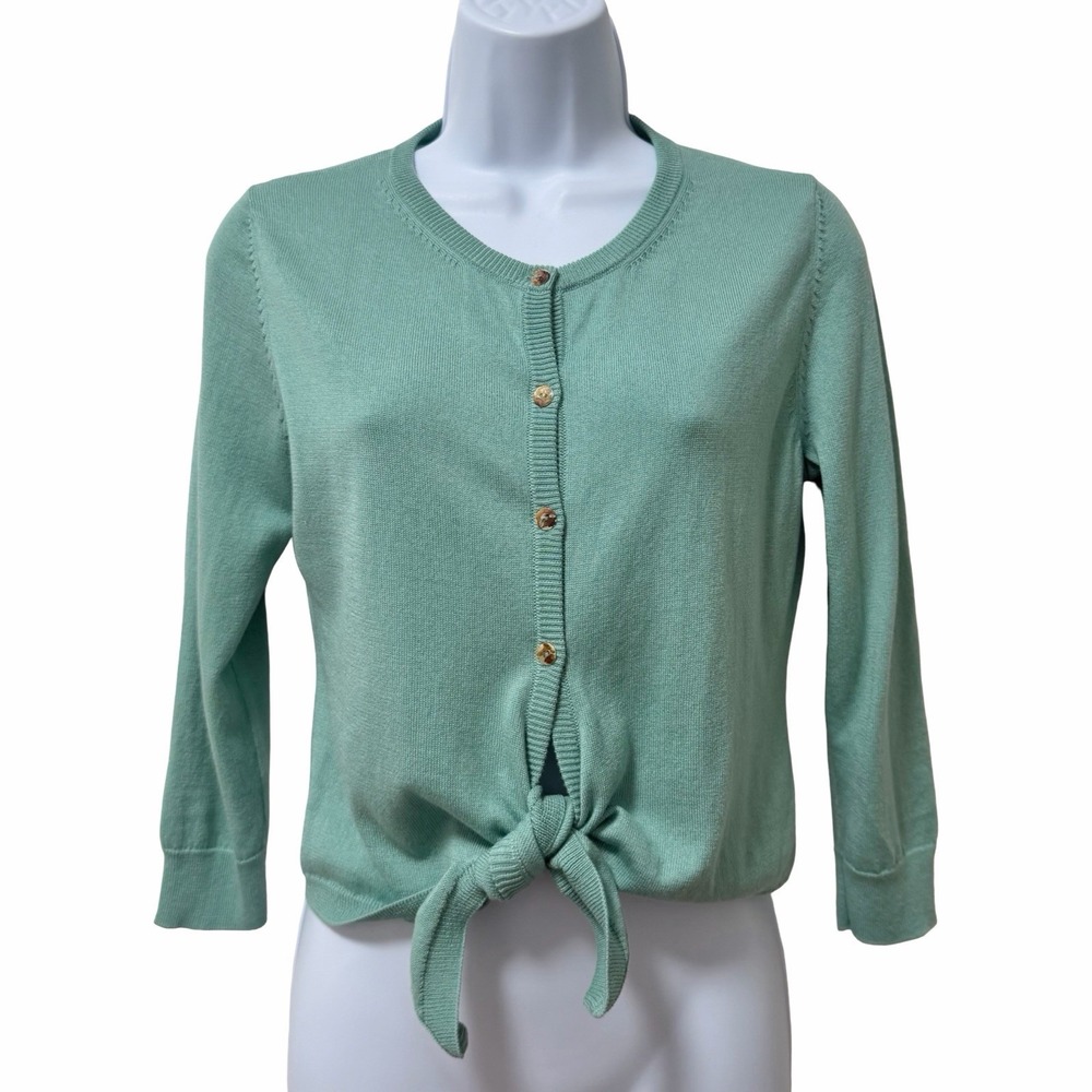 Peruvian Connection Womens Tie Front Button 3/4 Sleeve Cardigan Size S Teal Blue